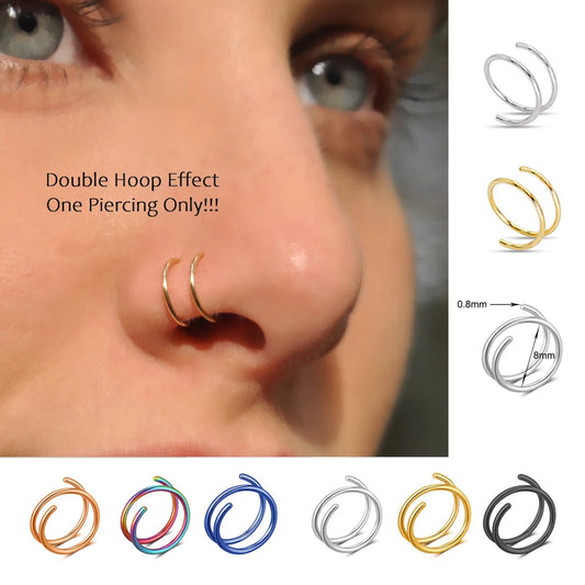 Double Layer Stainless Steel Nose Ring – 20G Twist Hoop Stud for Women | Septum, Tragus & Cartilage Piercing